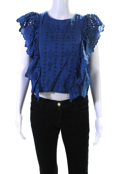 Sea New York Womens Ruffled Cap Sleeve Eyelet Blouse Blue Cotton Size 4