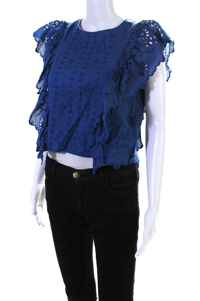 Sea New York Womens Ruffled Cap Sleeve Eyelet Blouse Blue Cotton Size 4