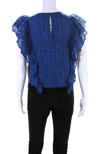 Sea New York Womens Ruffled Cap Sleeve Eyelet Blouse Blue Cotton Size 4