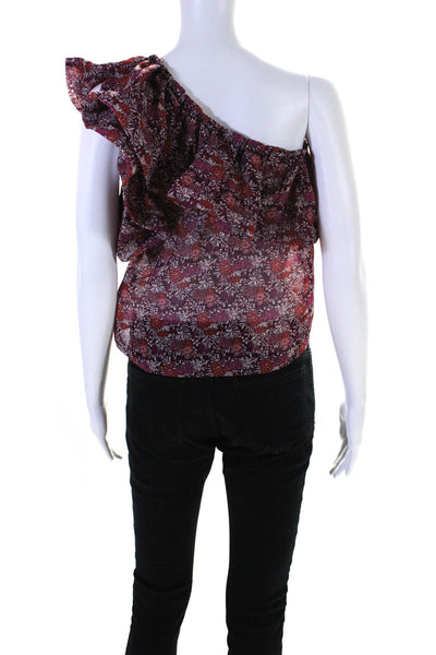 Misa Womens Ruffled One Shoulder Floral Sheer Top Purple Pink Size Extra Small