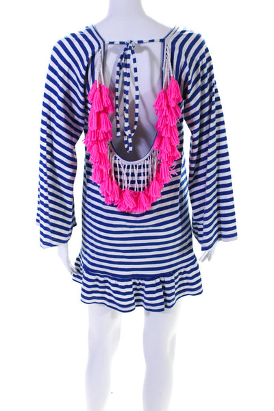 Sundress Womens Long Sleeve Open Back Striped Mini Dress White Blue Size XS