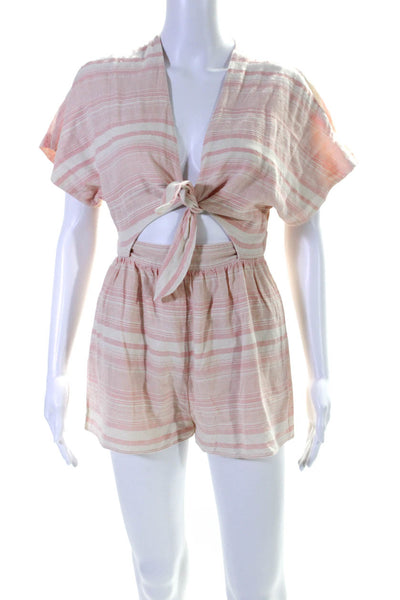 Mara Hoffman Swim Womens Striped Cut Out V Neck Romper White Pink Size XS