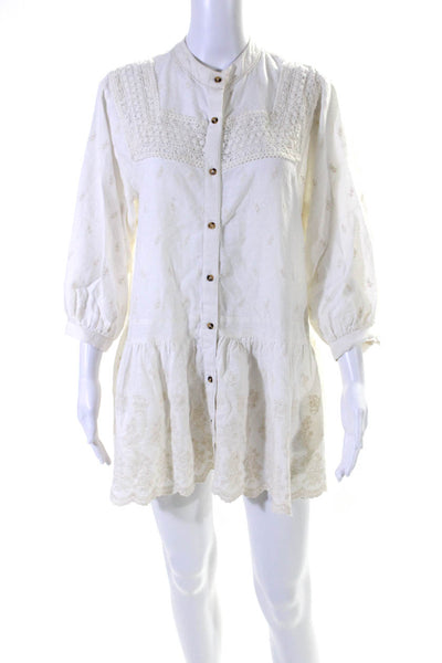 Zara Womens Button Front 3/4 Sleeve Embroidered Scalloped Mini Dress White XS