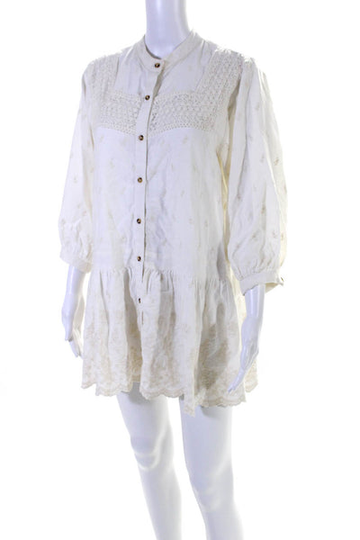 Zara Womens Button Front 3/4 Sleeve Embroidered Scalloped Mini Dress White XS