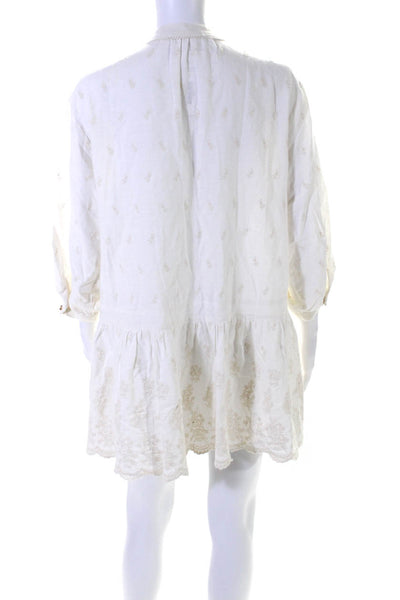 Zara Womens Button Front 3/4 Sleeve Embroidered Scalloped Mini Dress White XS