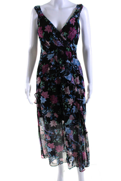 Rachel Zoe Womens Floral Print V-Neck Zipped Ruffled Midi Dress Black Size 2