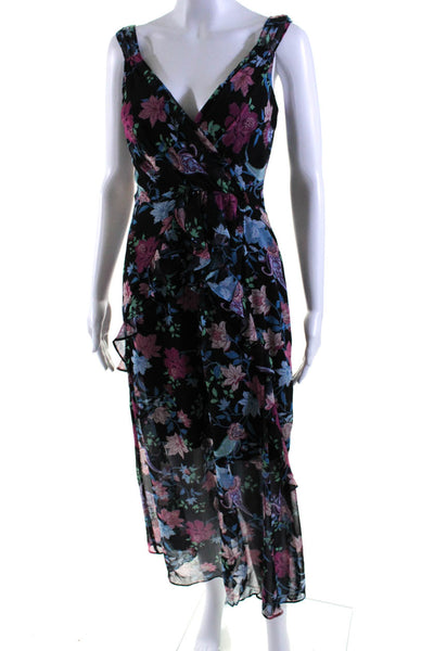 Rachel Zoe Womens Floral Print V-Neck Zipped Ruffled Midi Dress Black Size 2