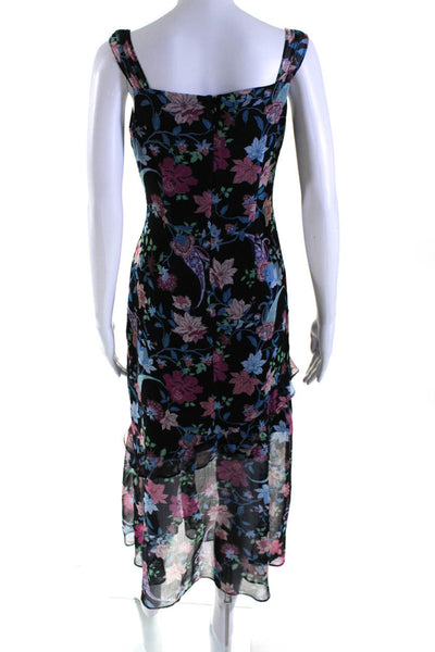 Rachel Zoe Womens Floral Print V-Neck Zipped Ruffled Midi Dress Black Size 2