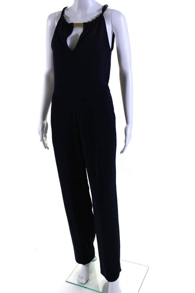 Trina Turk Womens Geometric Gold Tone Accent Belted Cut-Out Jumpsuit Navy Size 0