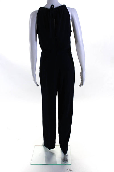 Trina Turk Womens Geometric Gold Tone Accent Belted Cut-Out Jumpsuit Navy Size 0