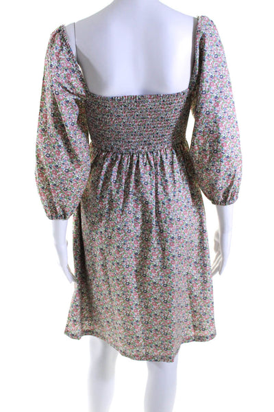 Maison Me Womens Half Sleeve Smocked Square Neck Floral Dress White Pink Size XS