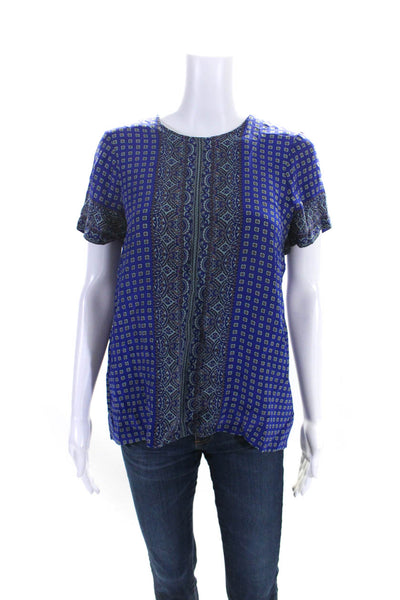 Madewell Womens Silk Spotted Back Buttoned Short Sleeve Blouse Top Blue Size M