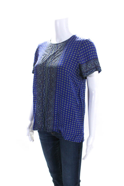 Madewell Womens Silk Spotted Back Buttoned Short Sleeve Blouse Top Blue Size M