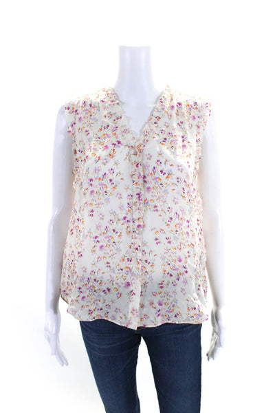 Go Silk Womens Pink Silk Floral Print Ruffle V-Neck Sleeveless Blouse Top Size S