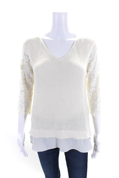 Ella Moss Womens White Cotton Silk Floral Lace 3/4 Sleeve Sweater Top Size S