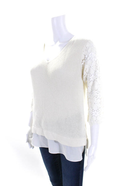 Ella Moss Womens White Cotton Silk Floral Lace 3/4 Sleeve Sweater Top Size S