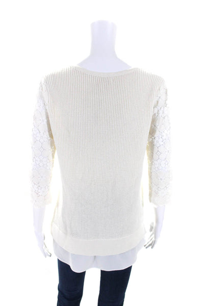 Ella Moss Womens White Cotton Silk Floral Lace 3/4 Sleeve Sweater Top Size S