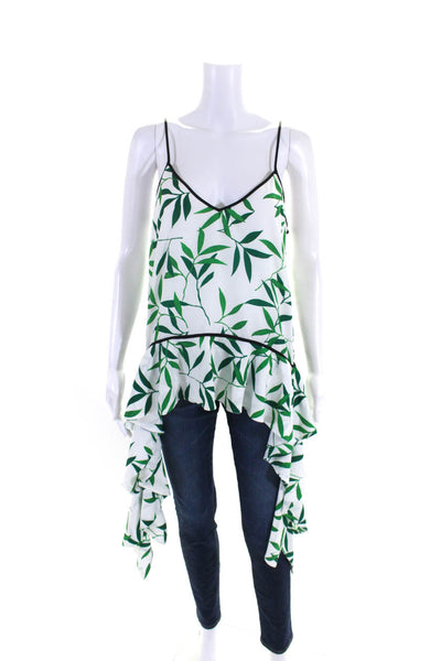 Caroline Constas Womens Spaghetti Strap V Neck Leaf Print Top White Green Small