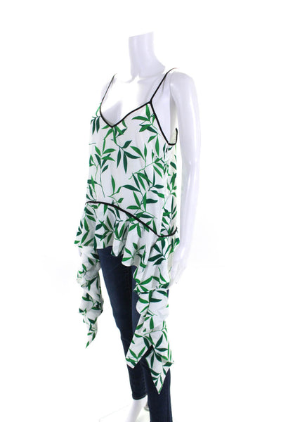 Caroline Constas Womens Spaghetti Strap V Neck Leaf Print Top White Green Small