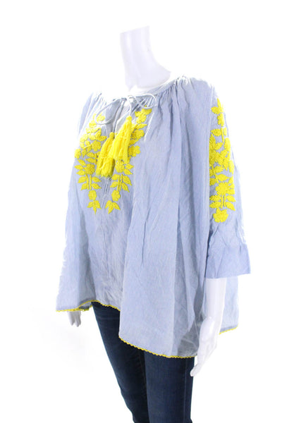 Gallabia Womens 3/4 Sleeve Floral Embroidered Striped Keyhole Top Blue Medium