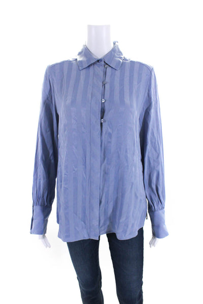 Etcetera Womens Striped Button Down Crew Neck Long Sleeves Blouse Sky Blue Size