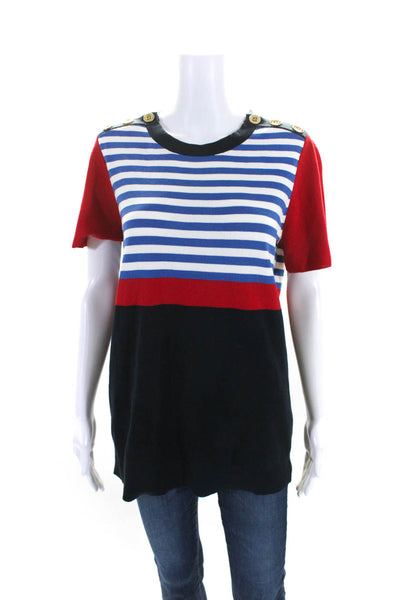 Worth New York Womens Striped Short Sleeves Sweater Blue Red Cotton Size Large