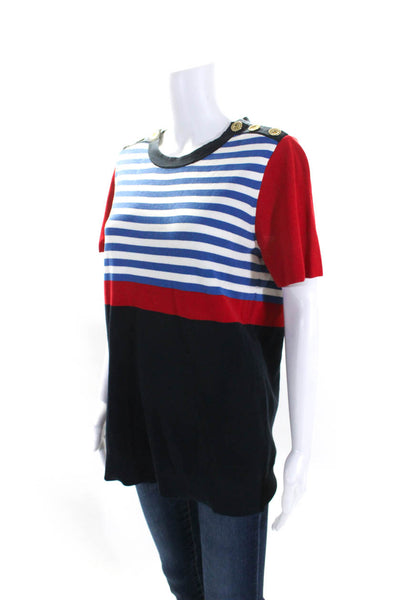 Worth New York Womens Striped Short Sleeves Sweater Blue Red Cotton Size Large