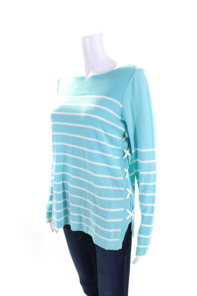 Etcetera Womens Striped Lace Up Sides Sweater Blue White Cotton Size Medium