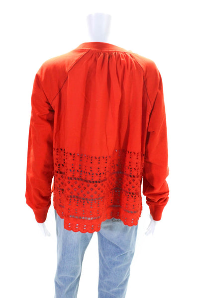 J Crew Womens Embroidered Eyelet Raglan Sleeve Crew Neck Sweatshirt Red Large