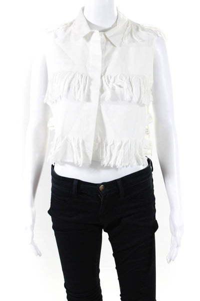 Sea Women's Collared Sleeveless Fringe Cropped Cotton Blouse White Size 6