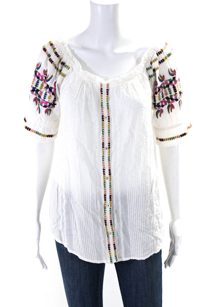 Anthropologie Womens White Multi Embroidered Off Shoulder Blouse Top Size 4