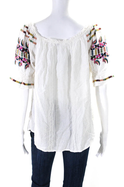 Anthropologie Womens White Multi Embroidered Off Shoulder Blouse Top Size 4