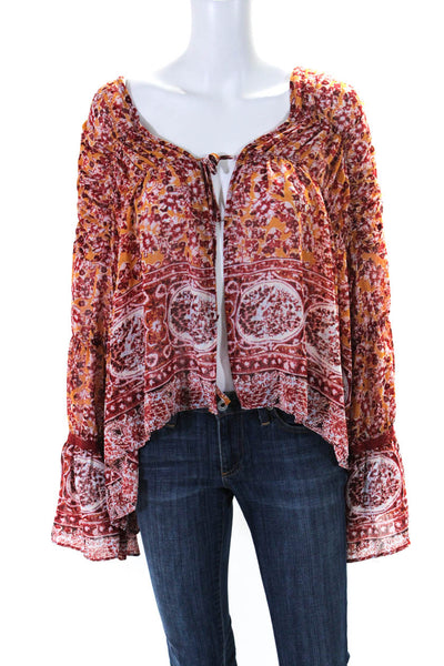 Free People Womens Red Floral Print Tie Front Long Sleeve Blouse Top Size S