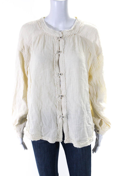 We The Free Womens Cream Cotton Crew Neck Long Sleeve Button Blouse Top Size XS