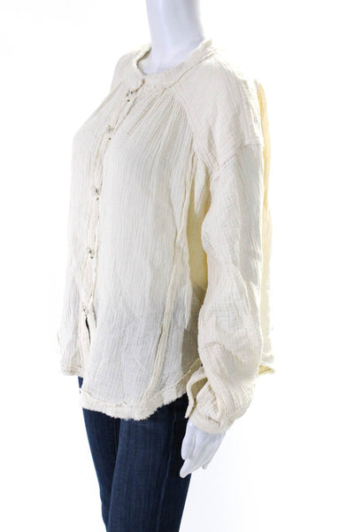 We The Free Womens Cream Cotton Crew Neck Long Sleeve Button Blouse Top Size XS