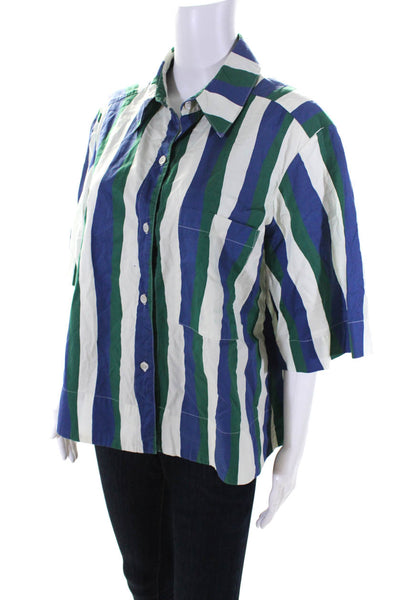 Whit Womens Cotton Striped Print Collared Button Down Shirt Multicolor Size L