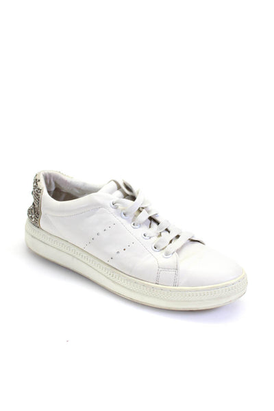 Lola Cruz Womens White Leather Bedazzled Low Top Sneakers Shoes Size 10