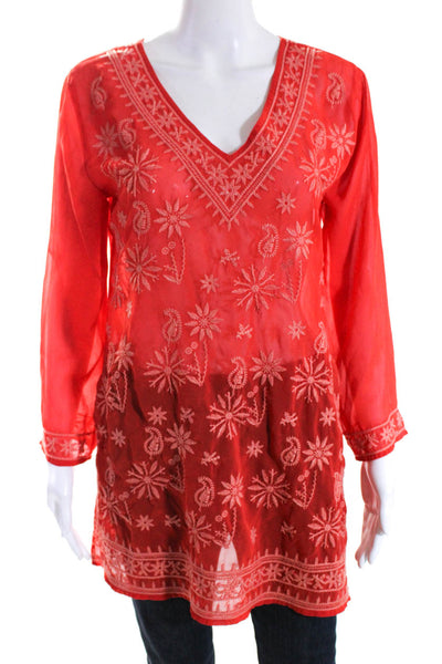 Antonio Melani Womens Embroidered Long Sleeve V-Neck Tunic Blouse Red Size S