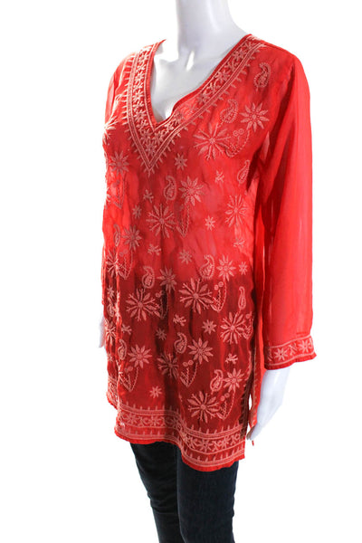 Antonio Melani Womens Embroidered Long Sleeve V-Neck Tunic Blouse Red Size S