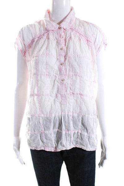 Pilcro Womens Cotton Ruffled Check Sleeveless Button Down Shirt Top Pink Size M