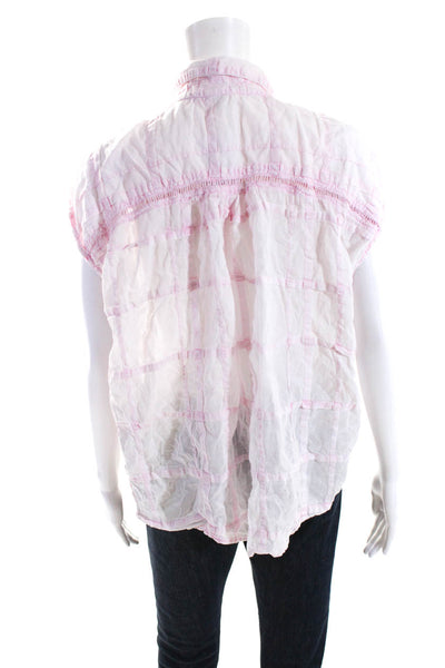 Pilcro Womens Cotton Ruffled Check Sleeveless Button Down Shirt Top Pink Size M