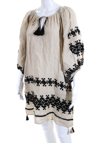 Citrus Womens Linen V Neck Long Sleeve Embroidered Tunic Dress Beige Size S