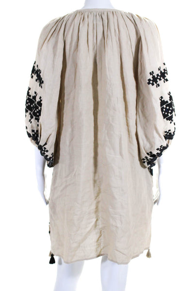 Citrus Womens Linen V Neck Long Sleeve Embroidered Tunic Dress Beige Size S