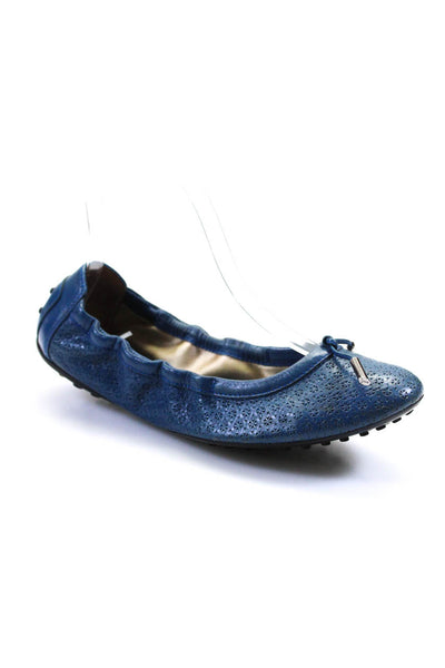 Tods Womens Leather Round Toe Ruched Tied Slip-On Flats Blue Size EUR37.5