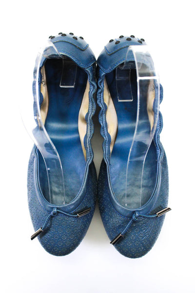 Tods Womens Leather Round Toe Ruched Tied Slip-On Flats Blue Size EUR37.5