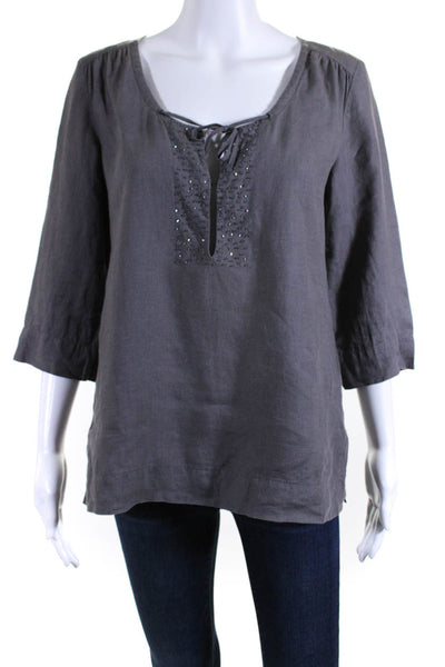 Eileen Fisher Womens Linen Beaded Round Neck Long Sleeve Blouse Top Gray Size XS