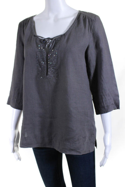 Eileen Fisher Womens Linen Beaded Round Neck Long Sleeve Blouse Top Gray Size XS