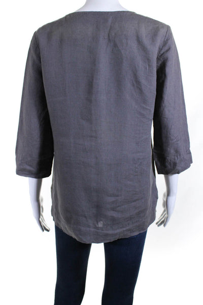 Eileen Fisher Womens Linen Beaded Round Neck Long Sleeve Blouse Top Gray Size XS