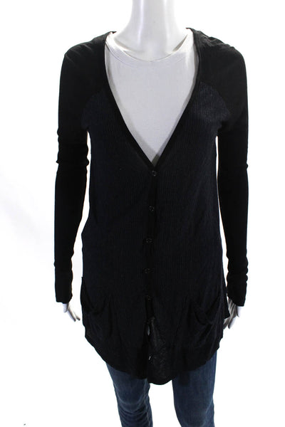 Ella Moss Womens Colorblock Textured Open Front Long Sleeve Cardigan Navy Size M