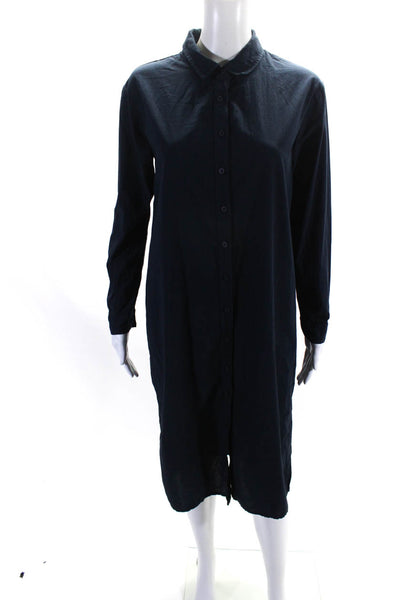 Stateside Womens Cotton Collared Long Sleeve Button Up Shirt Dress Navy Size S